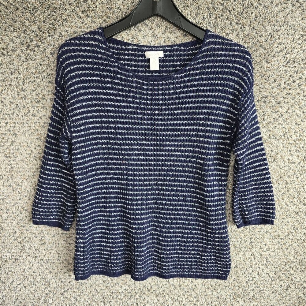 Chicos Sweater Womens 0 US Small Blue Open Knit Metallic Scoop Neck Pullover‎